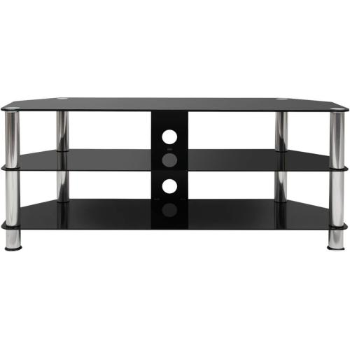 TV Stand Black Glass Shelving Unit Silver Legs For LCD, OLED, LED Up To 60 Inch