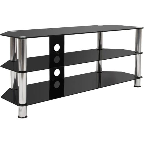 TV Stand Black Glass Shelving Unit Silver Legs For LCD, OLED, LED Up To 60 Inch